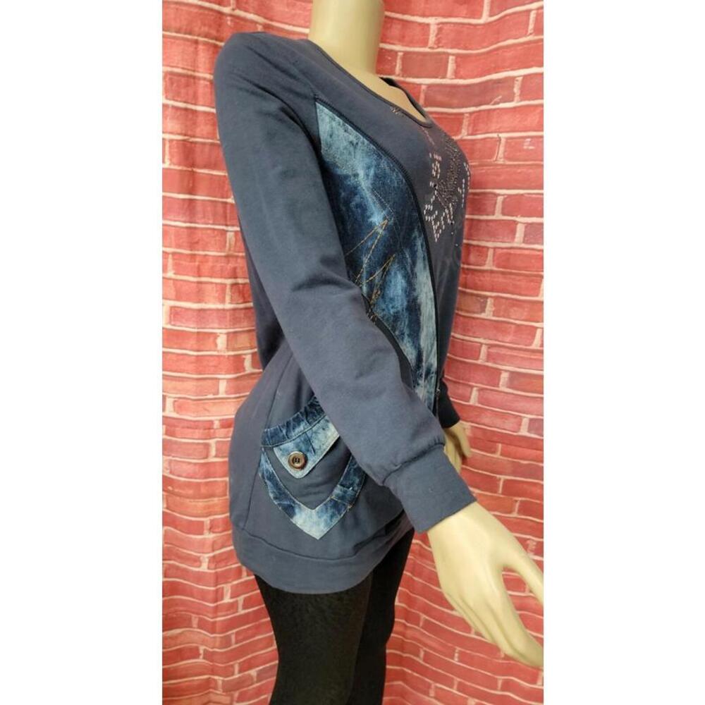GHOLE, Made In France Size 3 RARE Womens Embellished Artwear Sweatshirt Navy #C6 - Picture 3 of 9